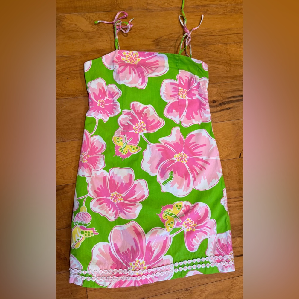 Lilly Pulitzer Pink & Green Floral Slip With Side Zipper Dress Girls Size 12